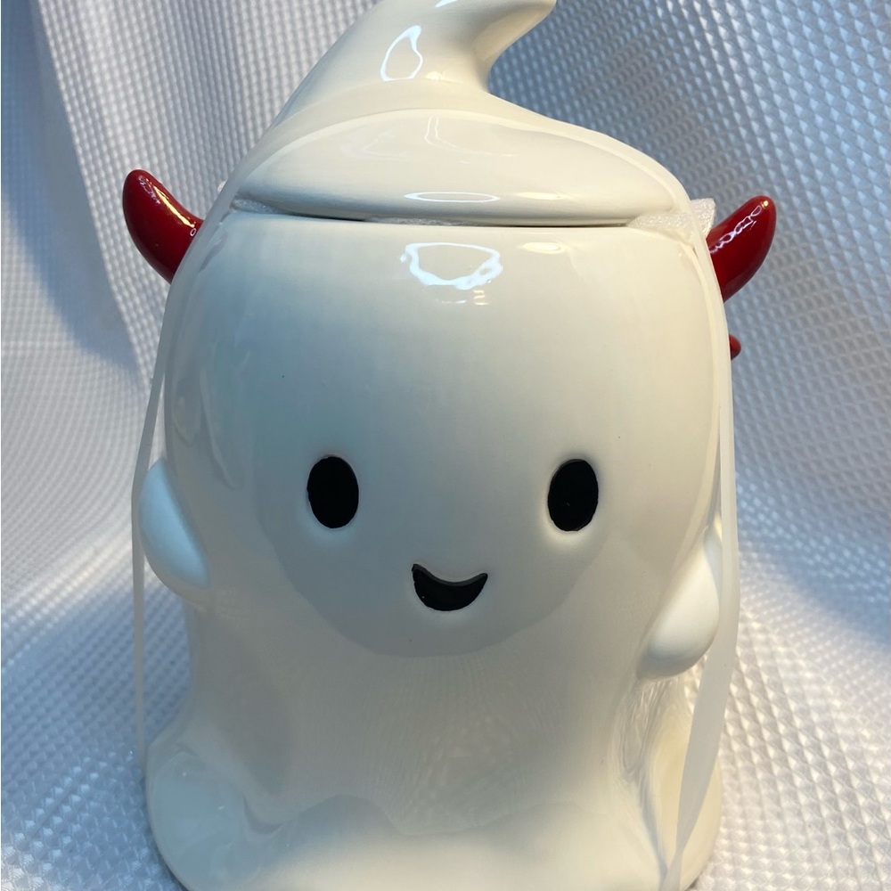 Cute Ghost Ceramic Cookie Jar with Red Horns